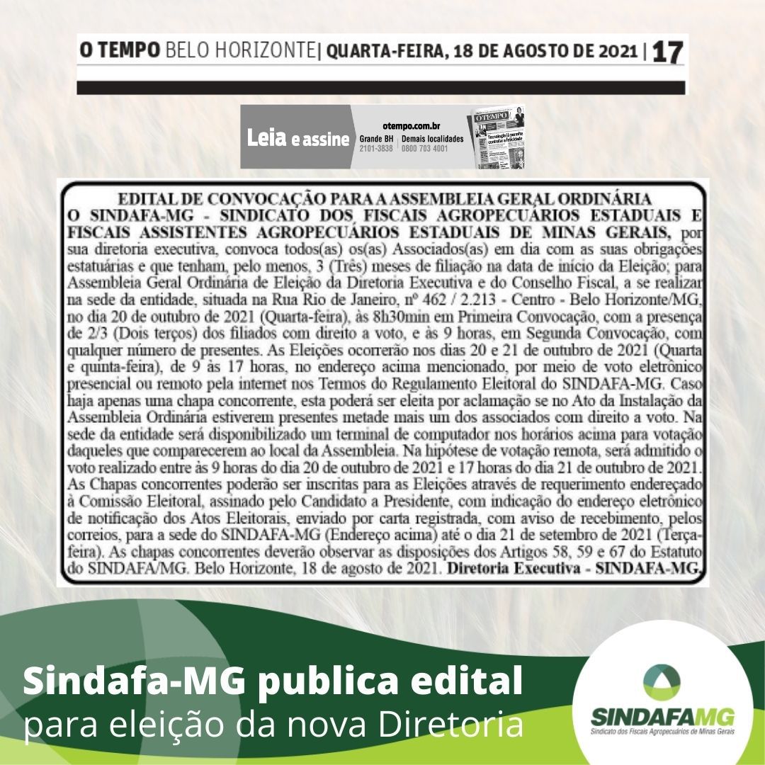 Sindafa-MG publica edital para eleição da nova Diretoria e Conselho Fiscal