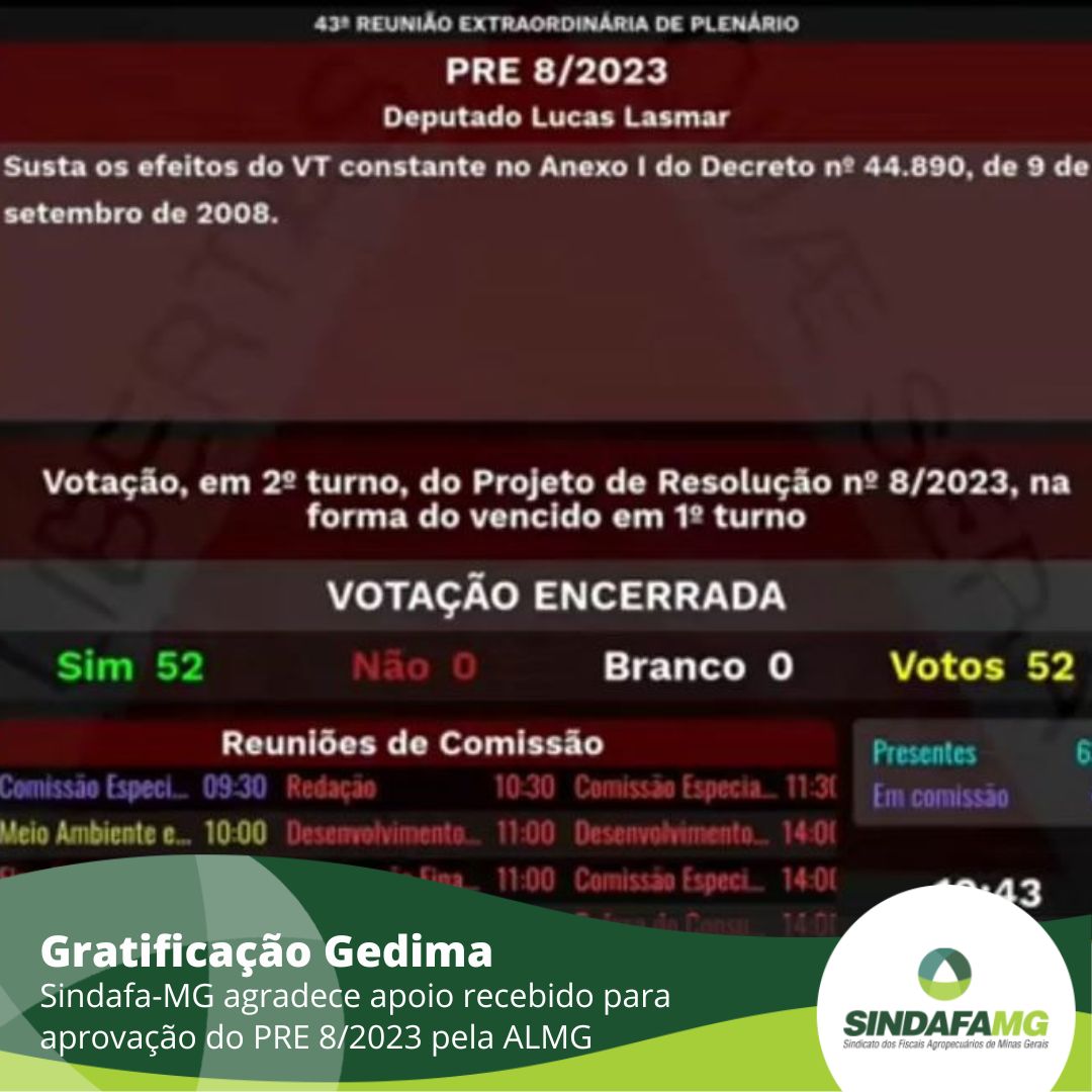 Sindafa-MG agradece apoio recebido para aprovação do PRE 8/2023
