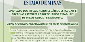 Sindafa-MG convoca filiados para Assembleia Geral Extraordinária no dia 15/05